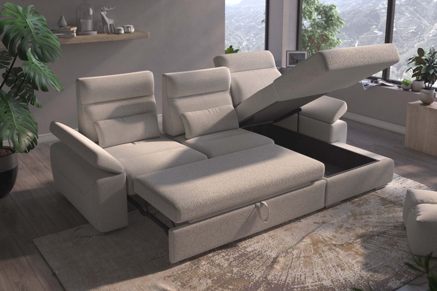 Granada Right Facing Chaise Off White Boucle Fabric Sectional Sofa Bed - Image 2