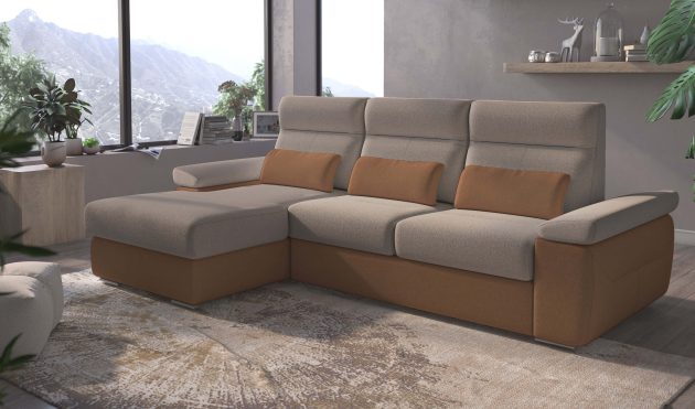 Granada Left Facing Chaise Beige and Cognac Two Tone Fabric Sectional Sofa Bed
