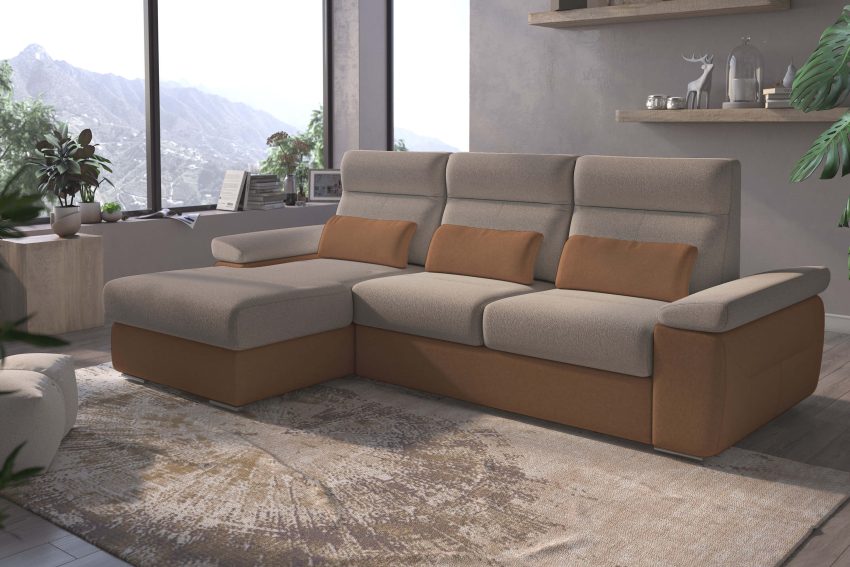 Granada Left Facing Chaise Beige and Cognac Two Tone Fabric Sectional Sofa Bed