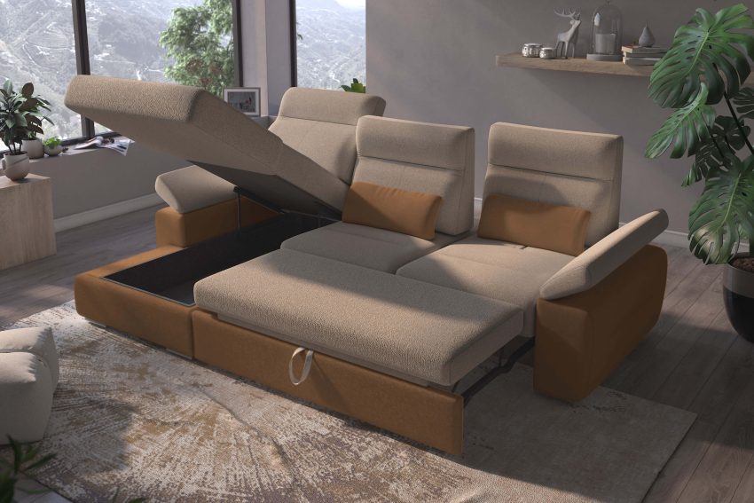 Granada Left Facing Chaise Beige and Cognac Two Tone Fabric Sectional Sofa Bed - Image 3
