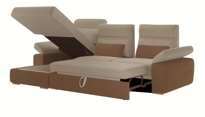 Granada Left Facing Chaise Beige and Cognac Two Tone Fabric Sectional Sofa Bed - Image 4