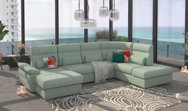 Granada U-Shape Sectional Sofa Bed with Storage – Mint Fabric, Left-Facing Chaise