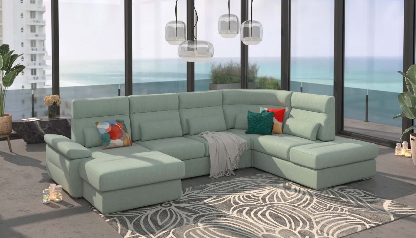 Granada U-Shape Sectional Sofa Bed with Storage – Mint Fabric, Left-Facing Chaise