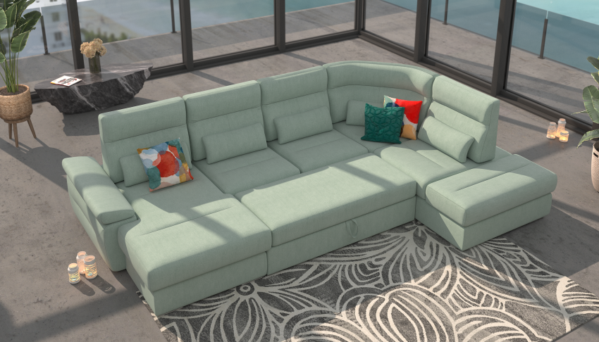 Granada U-Shape Sectional Sofa Bed with Storage – Mint Fabric, Left-Facing Chaise - Image 2