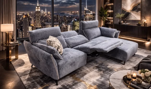 Adriana Blue Gray  Sectional Sofa Right Chaise with two power recliners